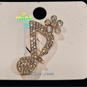 NWT Mint Rhinestone Music Note & Flower Brooch Pin Iridescent